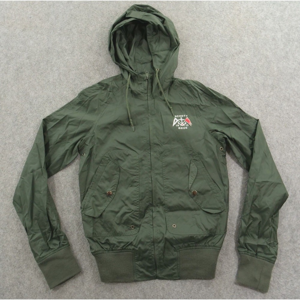 Schott Bros Jacket Mens Small Green Windbreaker Hooded Logo Military Full Zip